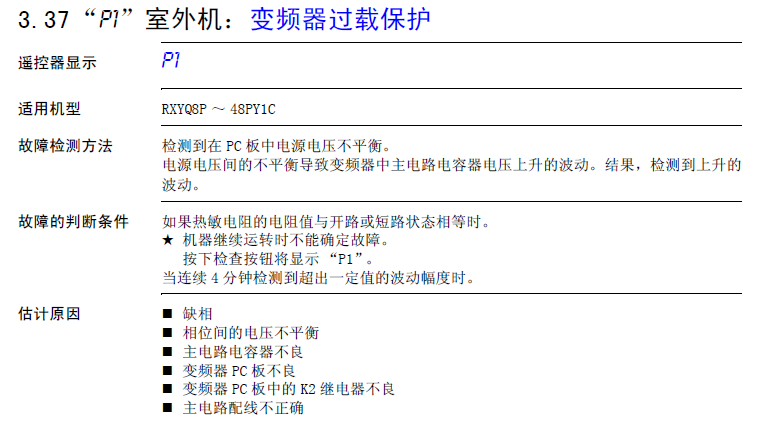 大金空調故障代碼P1故障原因